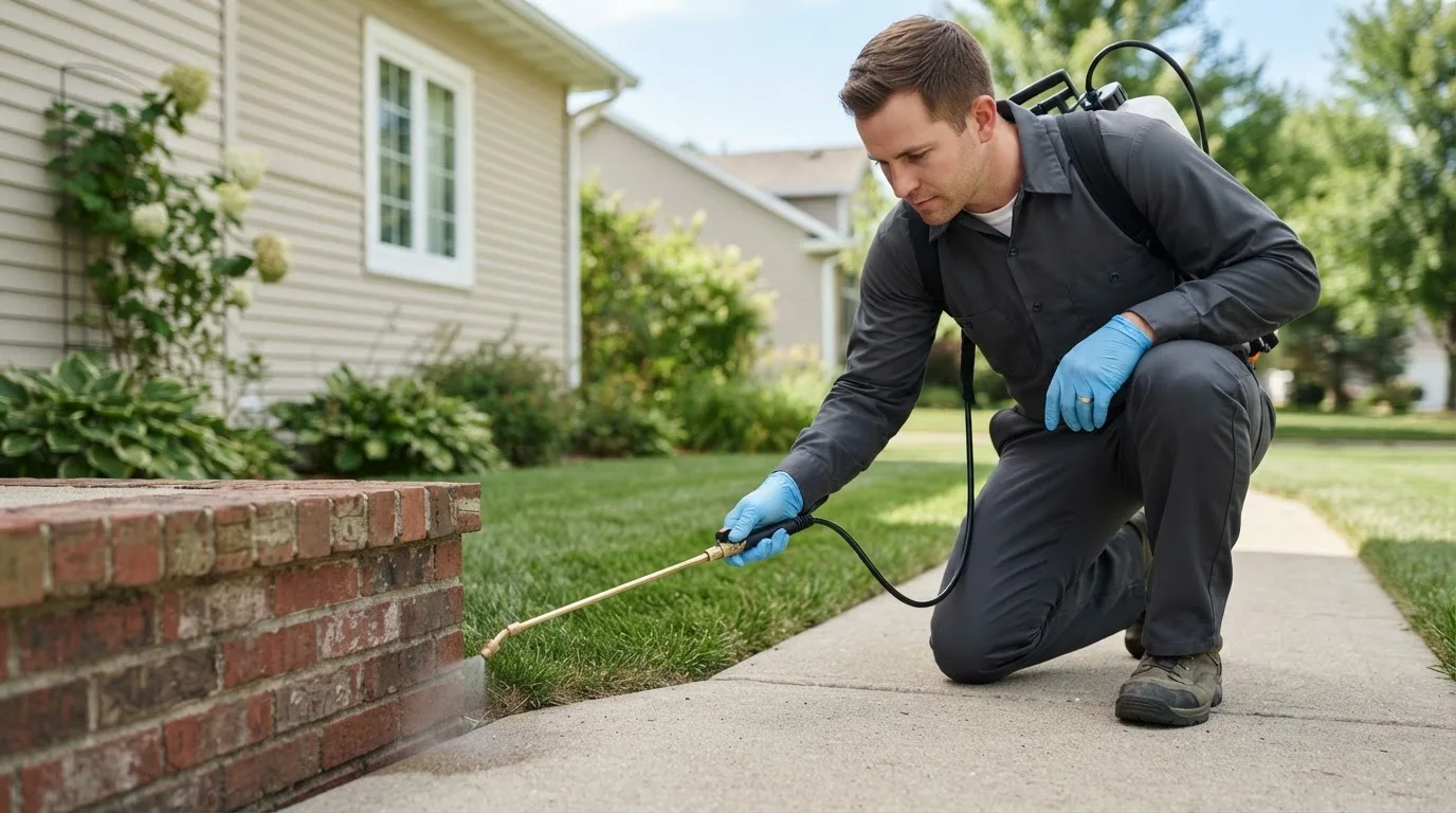 Pest control technician treating a home near Saint Johns, OH