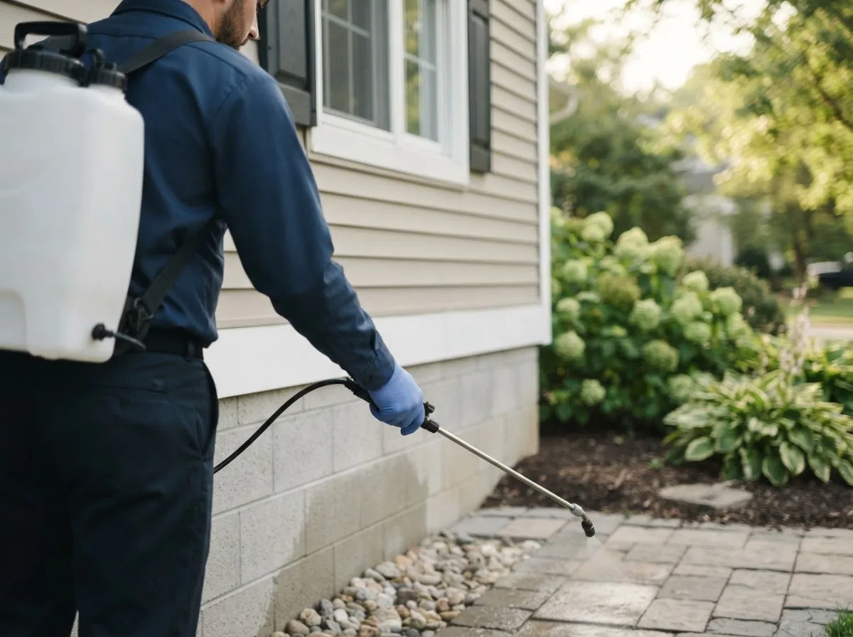 Pest control technician inspecting a home in Saint Johns, OH